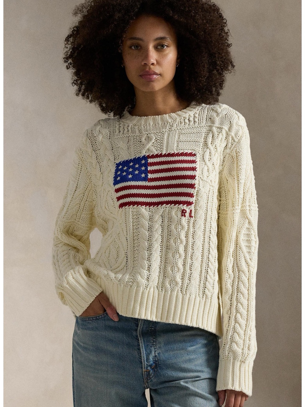 Polo Ralph Lauren Cream
Cotton Intarsia Flag Aran Knit
Cable Sweater Size LARGE
